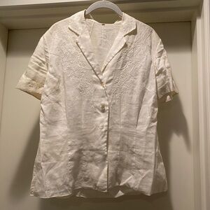 White Linen Embroidered Short Sleeve Blouse
